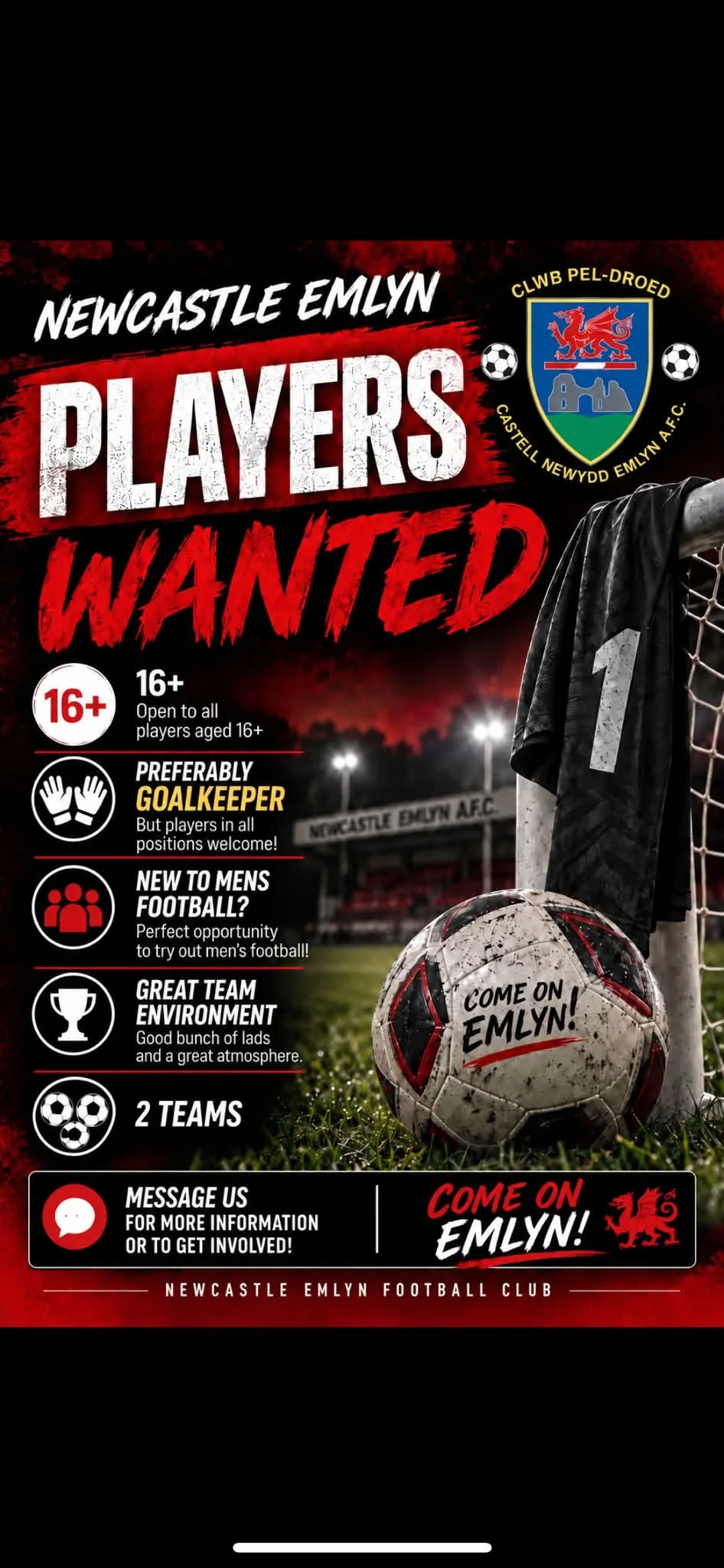 Newcastle Emlyn FC - Players Wanted flyer